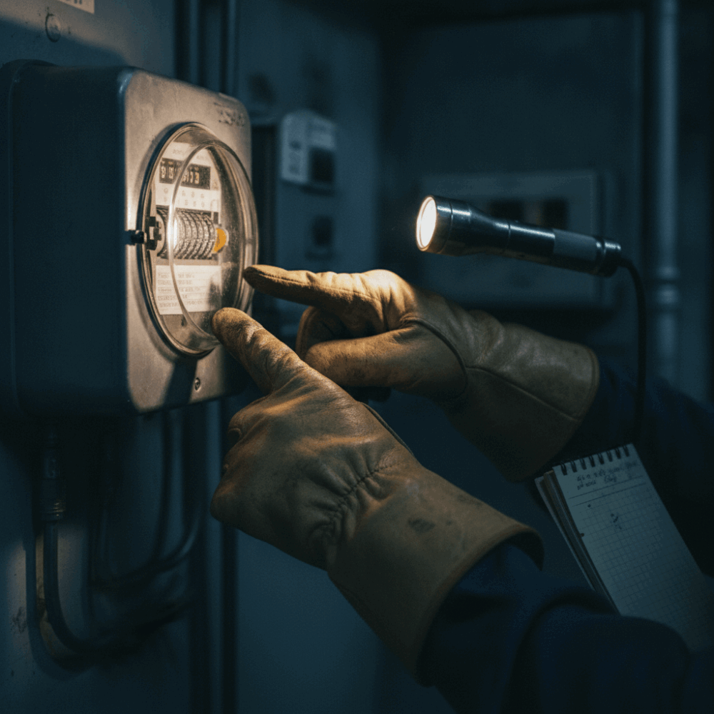 Gros plan sur des mains relevant les index d'un compteur électrique dans un local technique pour la collecte des données de consommation OPERAT