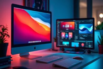 Logiciels de design graphique sur Mac et PC en pleine utilisation