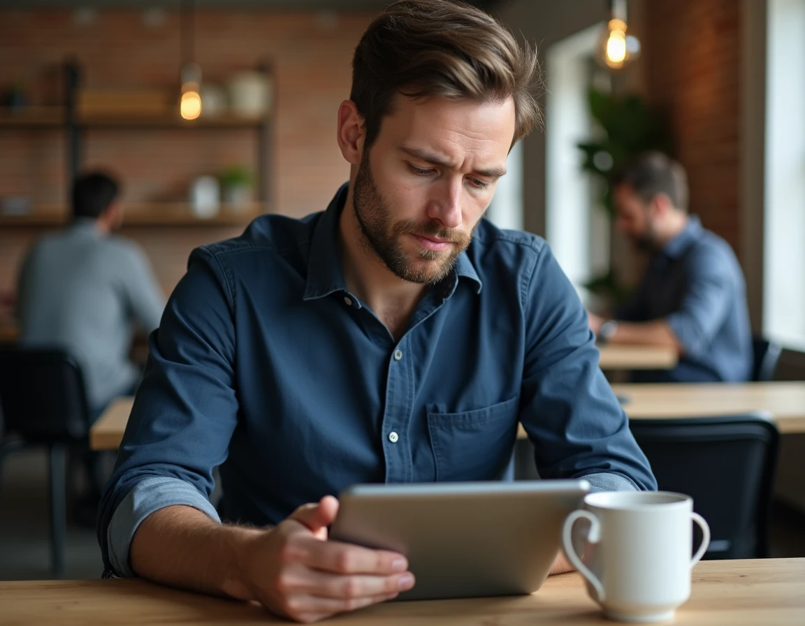 Homme lisant attentivement les conditions d'un abonnement gratuit sur une tablette dans un espace de coworking
