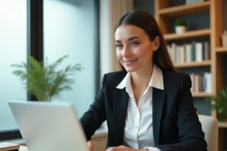 Femme professionnelle consultant un abonnement en ligne sur son ordinateur portable dans un bureau moderne