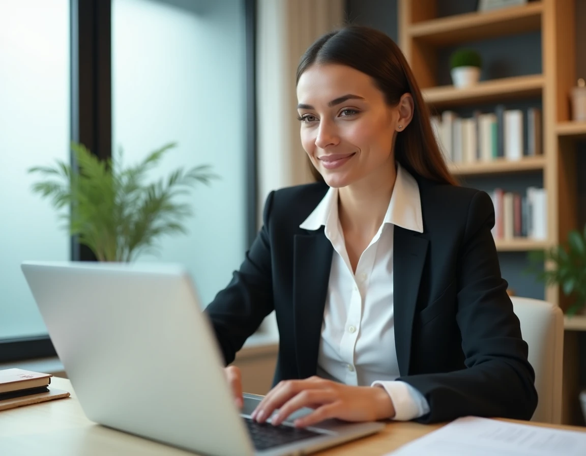 Femme professionnelle consultant un abonnement en ligne sur son ordinateur portable dans un bureau moderne