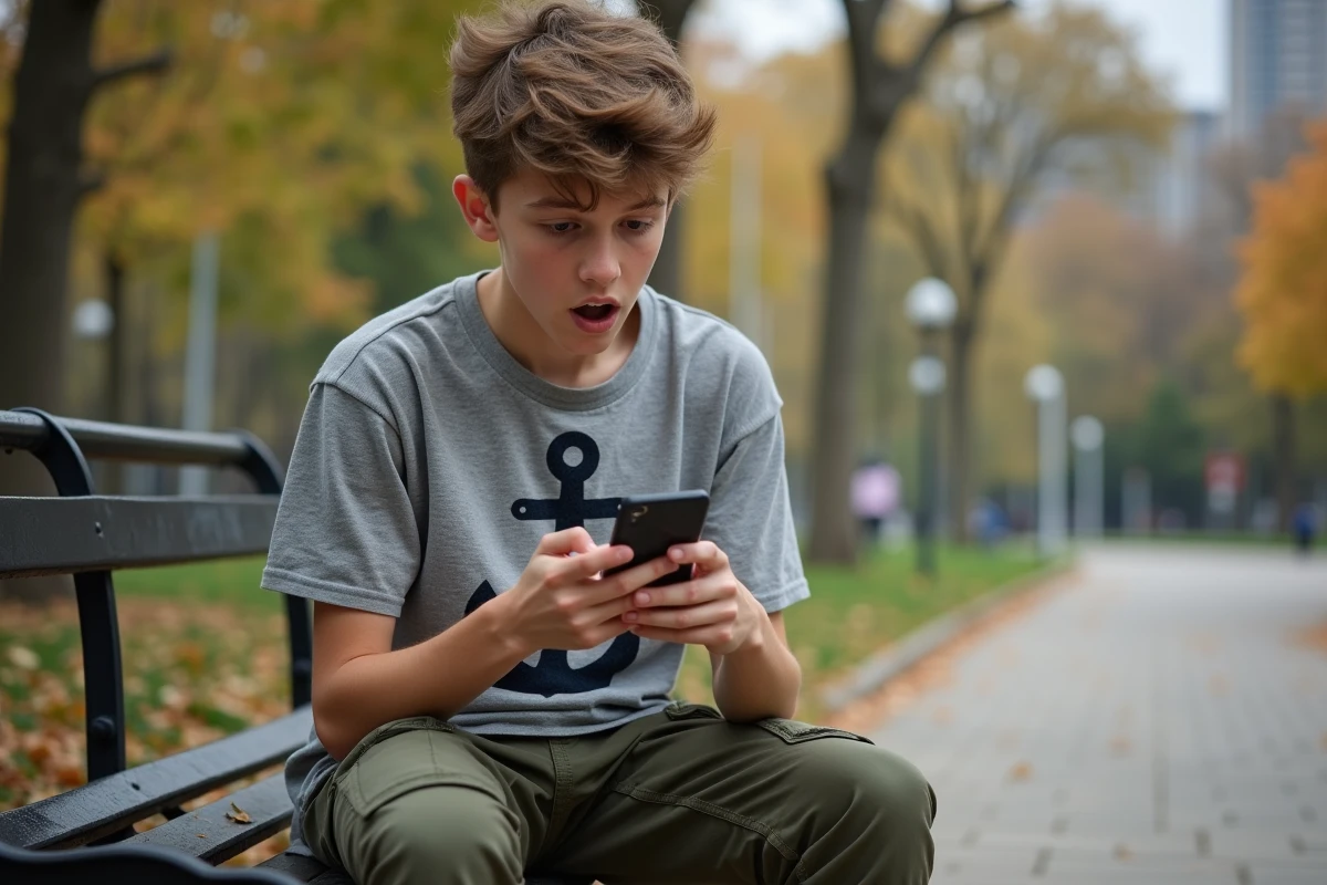 Adolescent découvrant le chapitre One Piece 1155 sur son smartphone dans un parc urbain en automne