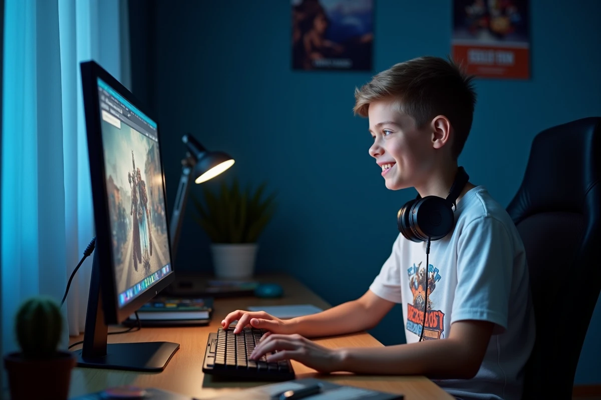 Adolescent souriant jouant à un jeu de la bombe sans pub sur ordinateur de bureau dans sa chambre