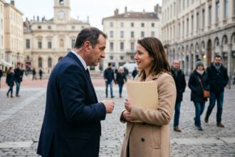 Agent de sécurité surveillant une rue animée à Lyon