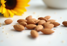 Gros plan sur amandes et graines de tournesol sur plan de travail