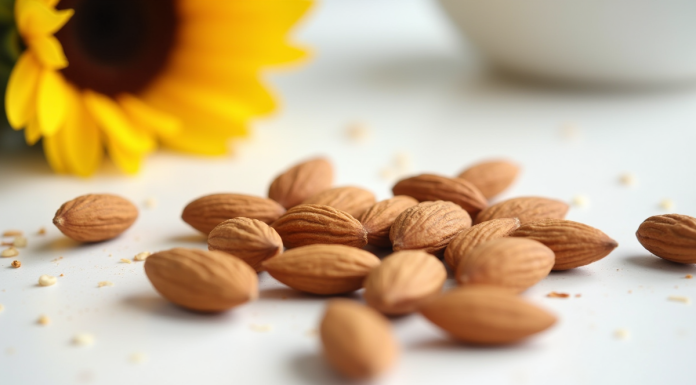 Gros plan sur amandes et graines de tournesol sur plan de travail