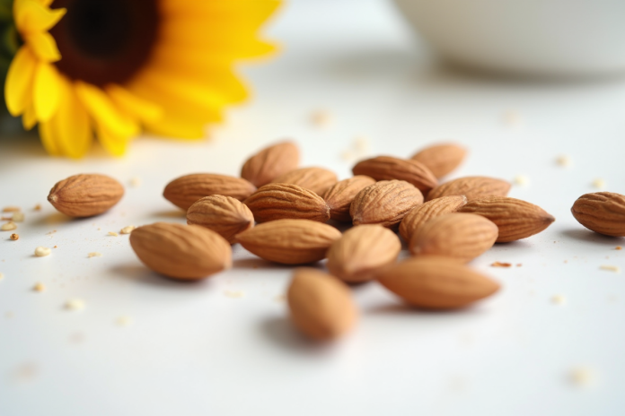 Gros plan sur amandes et graines de tournesol sur plan de travail