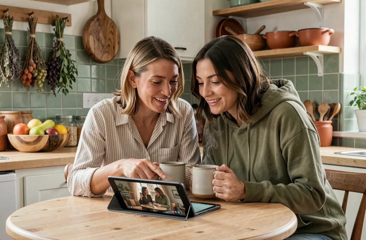 Deux amies discutant de séries policières cozy autour d'une tablette dans une cuisine chaleureuse et conviviale