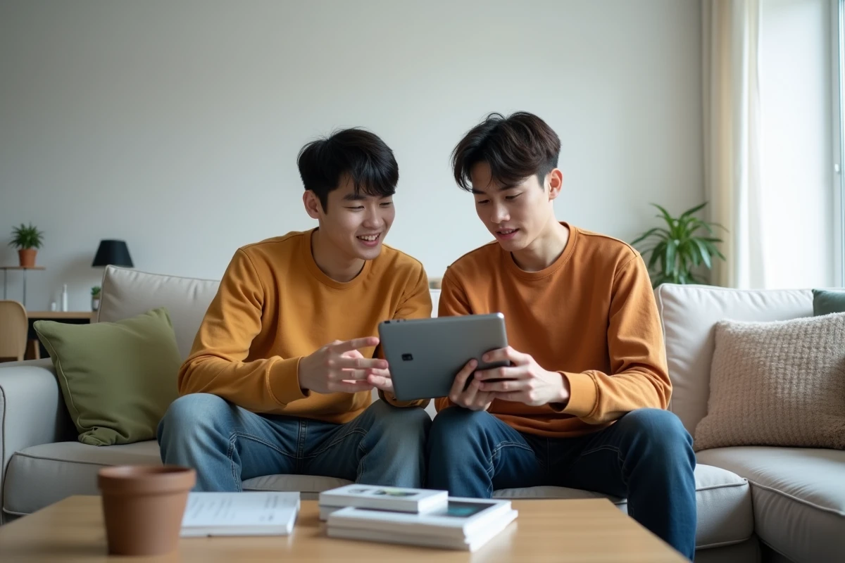 Deux jeunes hommes lisant des scans de manga traduits en français sur une tablette numérique dans un appartement moderne