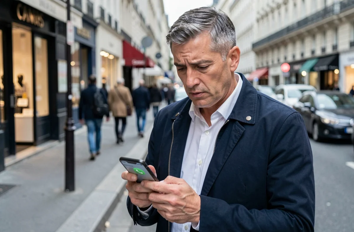 Homme en ville regardant une notification d'appel manqué d'un numéro suspect sur son téléphone