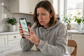 Femme inquiète regardant un appel entrant d'un numéro inconnu sur son smartphone dans une cuisine moderne