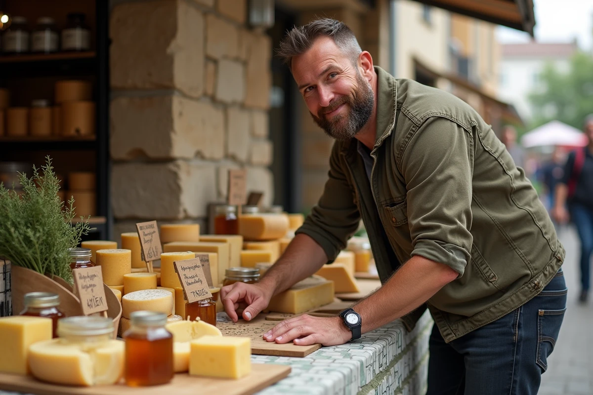 Artisan fromager présentant ses produits locaux sur un étal de marché du dimanche matin