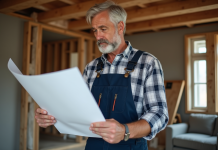 Artisan homme examine plans de rénovation dans un chantier intérieur