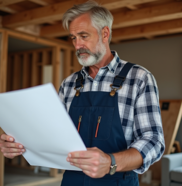 Artisan : Comment reconnaître un professionnel qualifié pour vos travaux ? Artisan homme examine plans de rénovation dans un chantier intérieur
