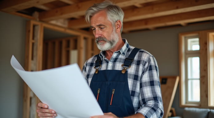 Artisan homme examine plans de rénovation dans un chantier intérieur