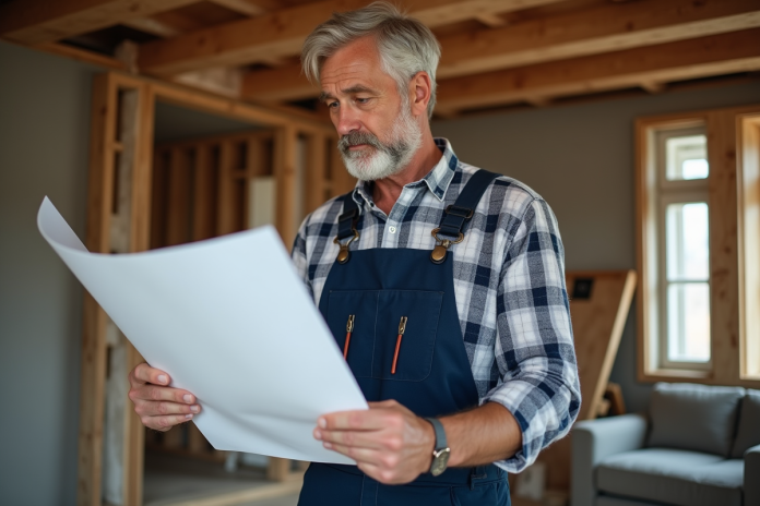 artisan-renovation-plans Artisan homme examine plans de rénovation dans un chantier intérieur