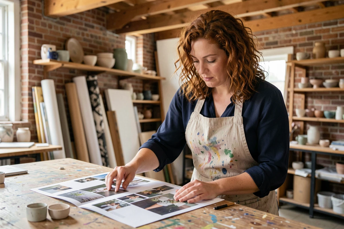 Artiste plasticienne dans un centre d'art régional consultant son portfolio sur une table en bois, environnement de studio authentique avec briques apparentes