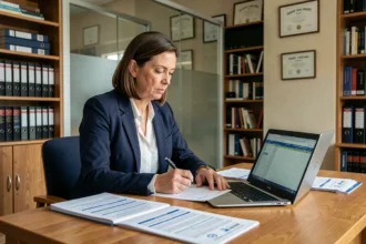 Attachée hors classe analysant la grille indiciaire dans un bureau administratif officiel