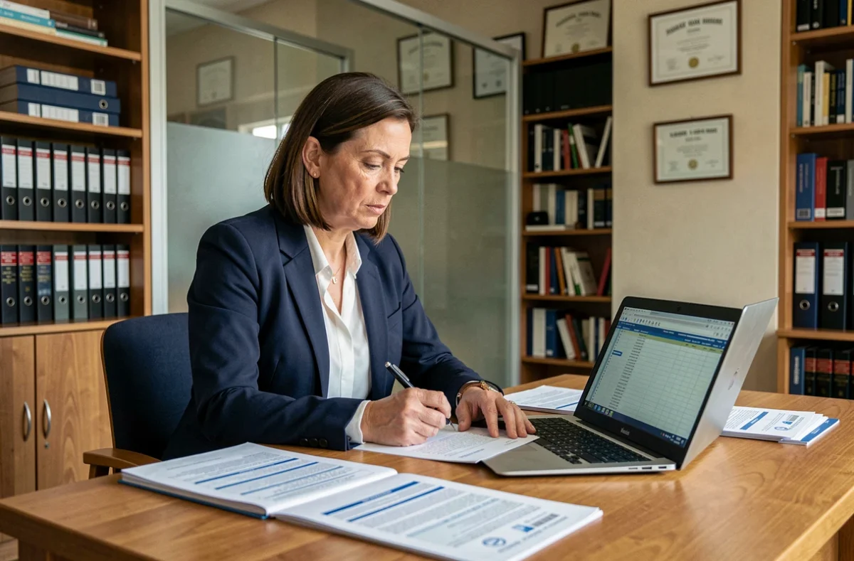 Attachée hors classe analysant la grille indiciaire dans un bureau administratif officiel