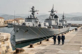 Vue grand angle de la base navale de Toulon avec des navires de guerre amarrés et des marins en uniforme sur le quai historique