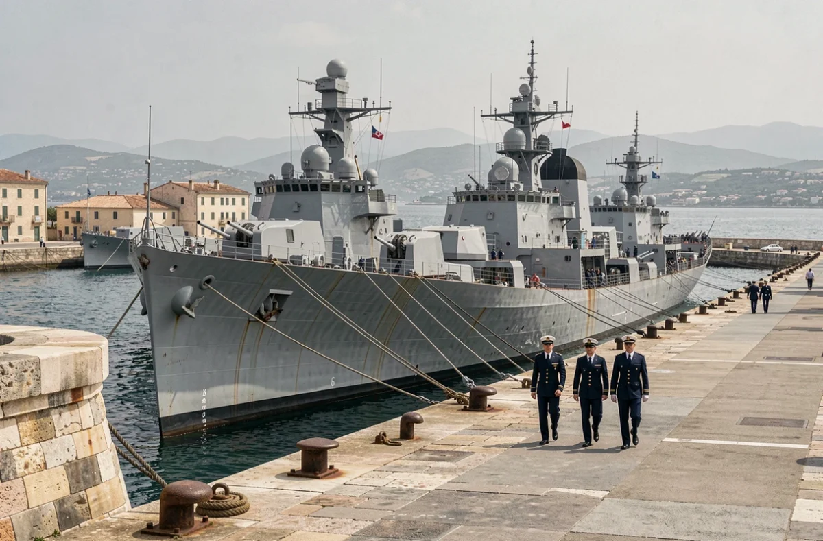 Vue grand angle de la base navale de Toulon avec des navires de guerre amarrés et des marins en uniforme sur le quai historique