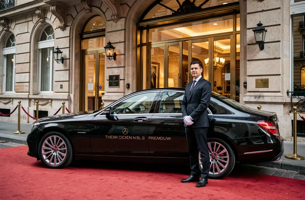 Blacklane VTC premium international devant un hôtel de luxe parisien avec chauffeur en gants blancs