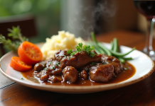 Plat de boeuf bourguignon avec purée et légumes colorés
