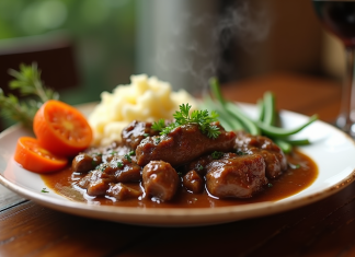 Les secrets d’un boeuf bourguignon réussi : focus sur l’accompagnement Plat de boeuf bourguignon avec purée et légumes colorés
