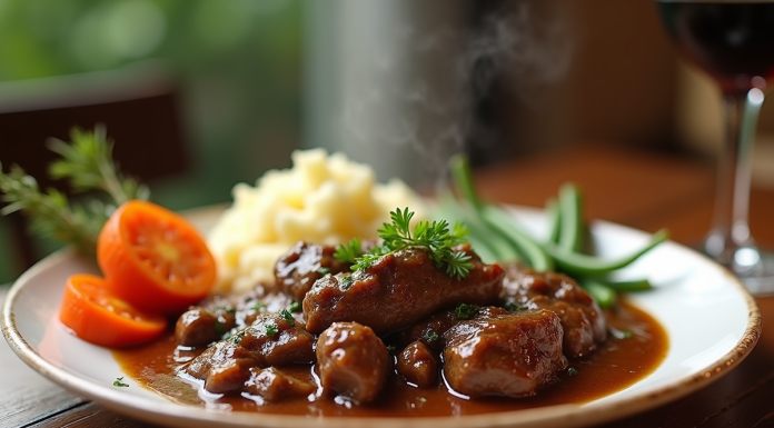 Plat de boeuf bourguignon avec purée et légumes colorés