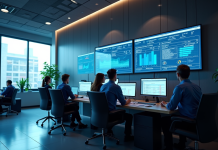 Espace de bureau moderne avec écrans ERP et collaborateurs