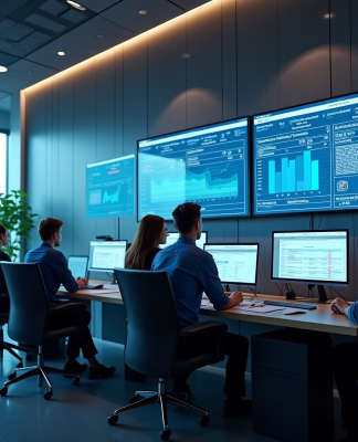 Espace de bureau moderne avec écrans ERP et collaborateurs