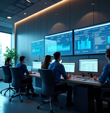 Espace de bureau moderne avec écrans ERP et collaborateurs