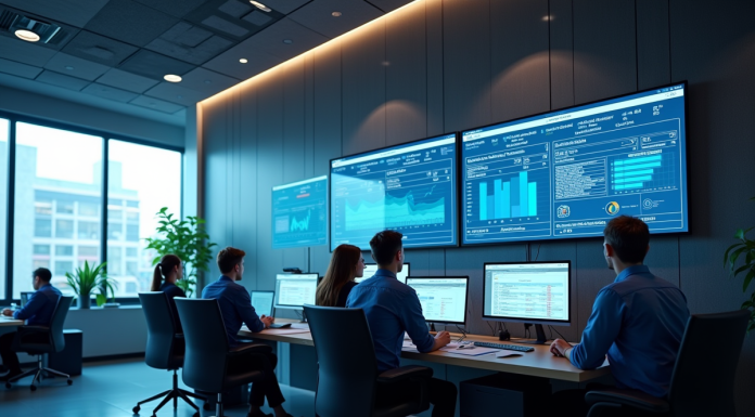 Espace de bureau moderne avec écrans ERP et collaborateurs