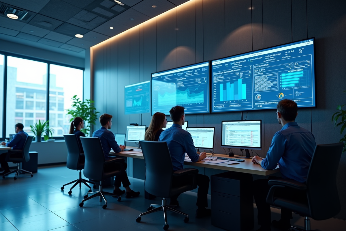 Espace de bureau moderne avec écrans ERP et collaborateurs