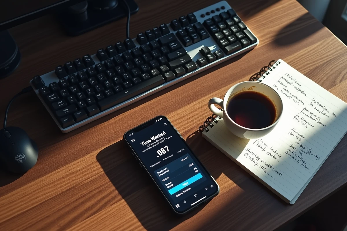 Vue aérienne d'un bureau gaming avec un smartphone affichant un site de calcul de temps passé sur League of Legends