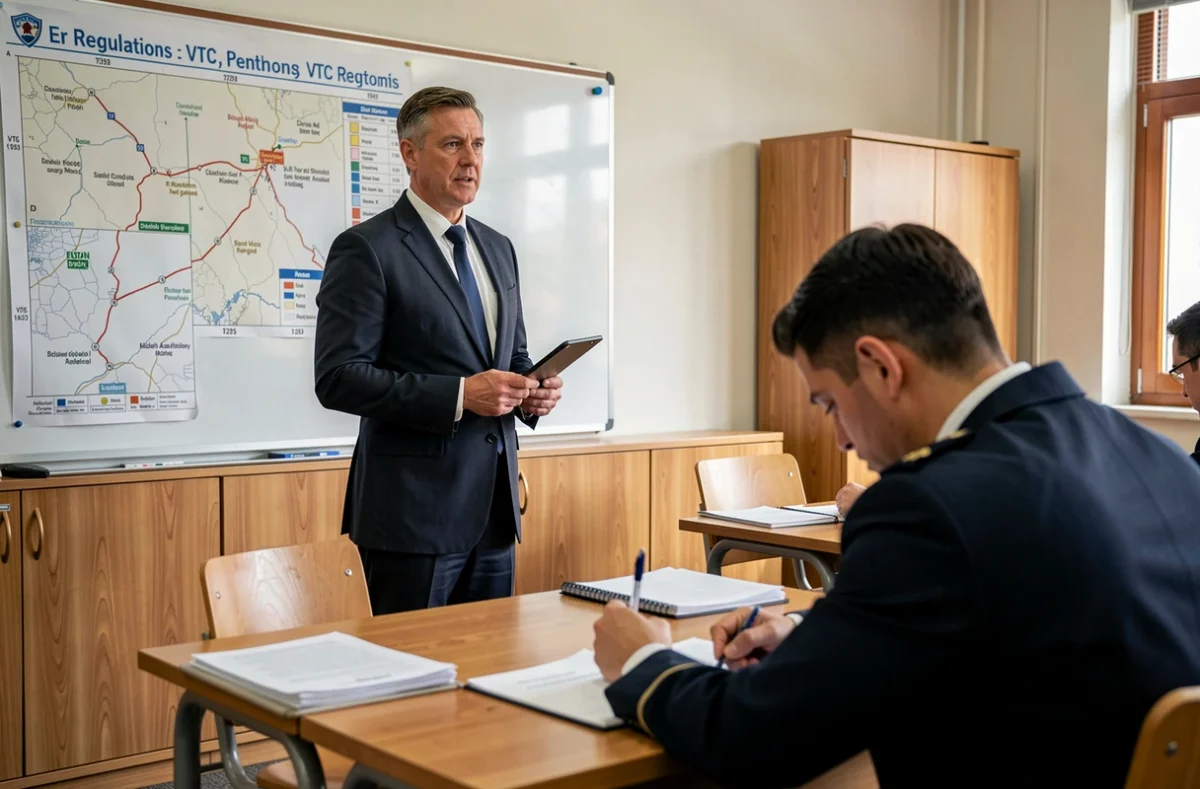 Formateur BVTC Formation et VTC Paris en salle de cours avec un stagiaire chauffeur prenant des notes