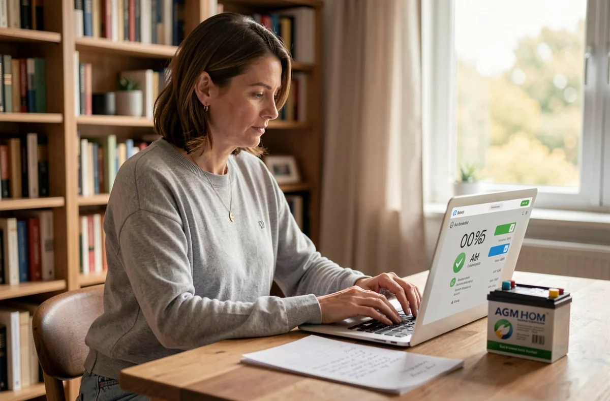 Femme utilisant un calculateur d'autonomie de batterie AGM sur ordinateur portable dans un bureau à domicile
