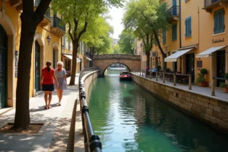 Vue panoramique du Canal de la Robine à Narbonne avec des promeneurs longeant les quais historiques bordés de platanes et de commerces locaux