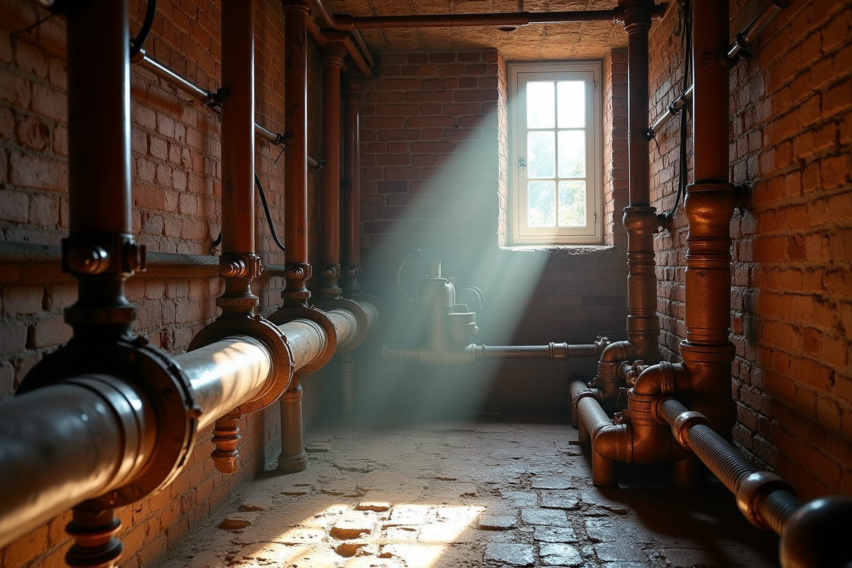 Gros plan sur canalisations anciennes dans sous-sol parisien