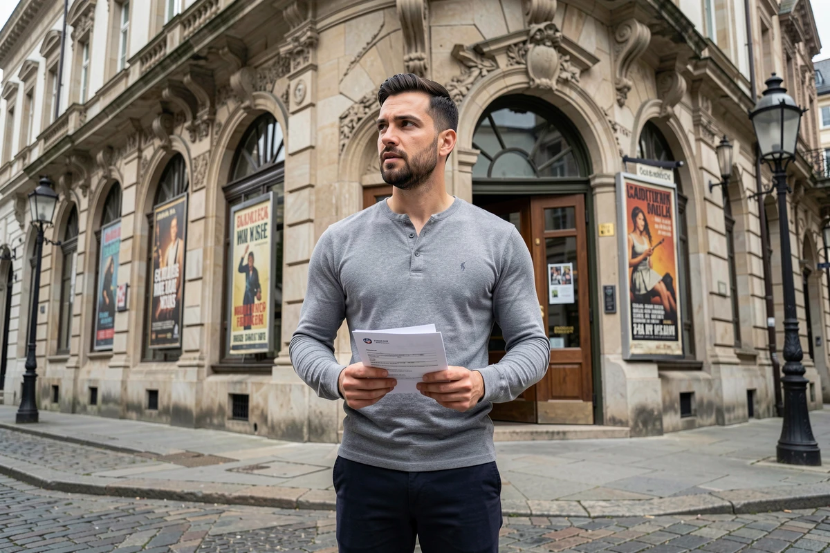 Jeune homme candidat devant la façade d'un théâtre régional en pierre tenant une candidature d'emploi artistique