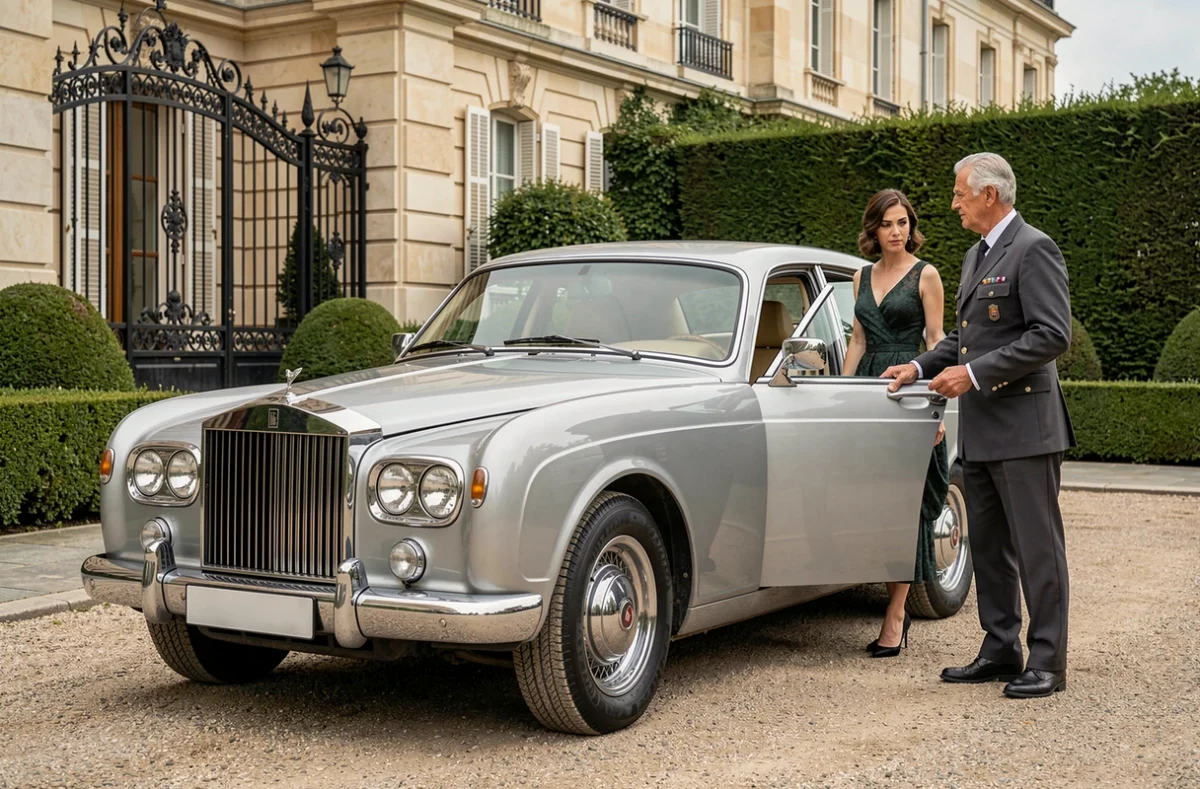 Chauffeur privé Carey en grande remise tenant la portière d'une Rolls-Royce devant un hôtel particulier parisien