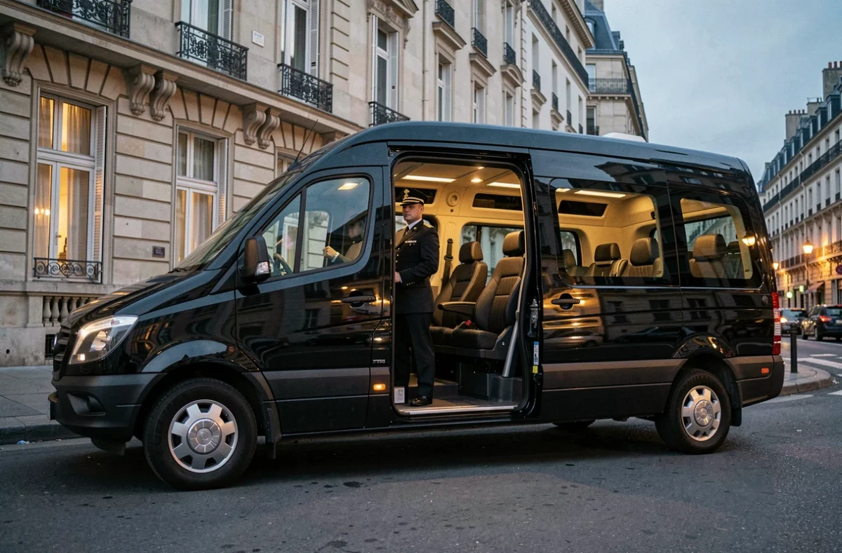 Van VTC noir et berline de service Centrale VTC Paris stationnés dans une rue parisienne avec chauffeur en uniforme