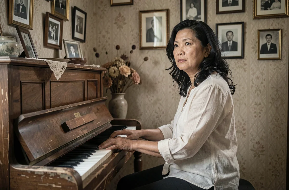 Femme asiatique d'âge mûr assise au piano dans une pièce intimiste et vintage, regard mélancolique évoquant la mémoire, le pardon et l'amour