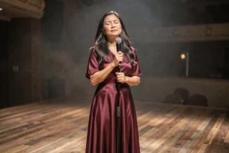 Chanteuse d'origine asiatique sur scène les yeux fermés tenant un microphone, dans une robe en soie bordeaux, évoquant le deuil et l'émotion dans ses chansons