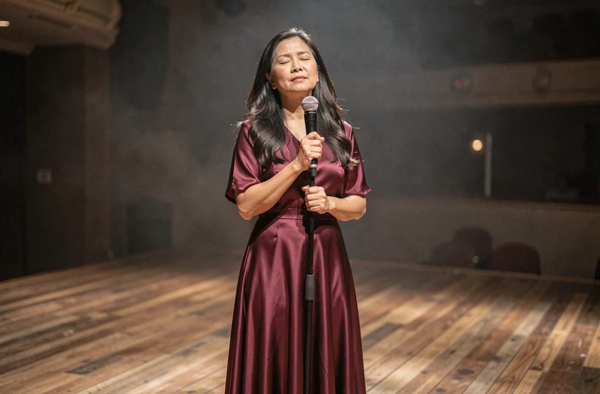 Chanteuse d'origine asiatique sur scène les yeux fermés tenant un microphone, dans une robe en soie bordeaux, évoquant le deuil et l'émotion dans ses chansons