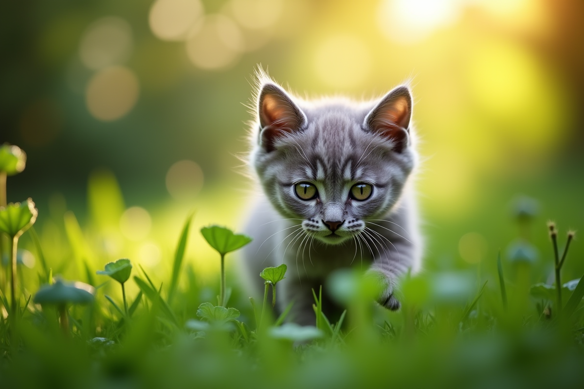Chaton russe blue jouant dans un jardin vert ensoleille