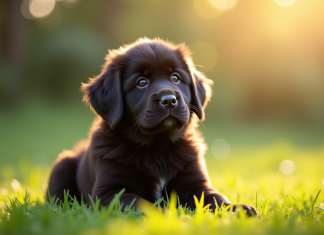 Quelle est l’histoire du chiot de Terre-Neuve dans le monde ? Chiot Newfoundland assis dans un jardin ensoleille avec flou d'arrière plan