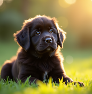 Chiot Newfoundland assis dans un jardin ensoleille avec flou d'arrière plan
