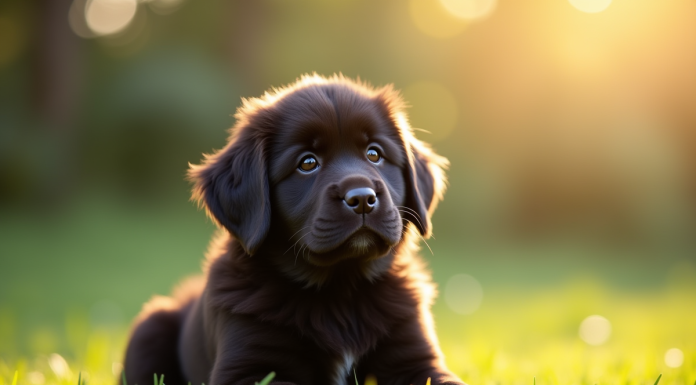 Chiot Newfoundland assis dans un jardin ensoleille avec flou d'arrière plan