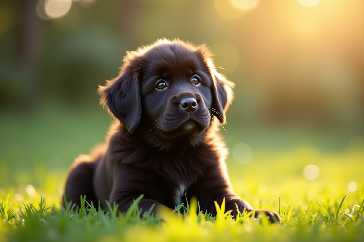 Chiot Newfoundland assis dans un jardin ensoleille avec flou d'arrière plan